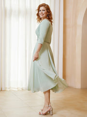 Illusion Neckline Short Sleeves Dress  with Jacket Dusty Sage