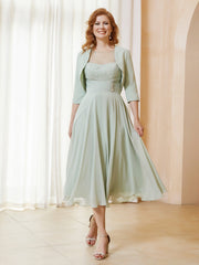 Illusion Neckline Short Sleeves Dress  with Jacket Dusty Sage