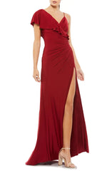 Elegant backless asymmetrical ruffled edge off shoulder one shoulder front slit prom dress