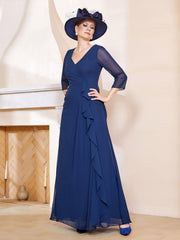 3/4-Length Sleeves V-neck Pleated Long Dress Dark Navy