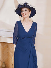 3/4-Length Sleeves V-neck Pleated Long Dress Dark Navy