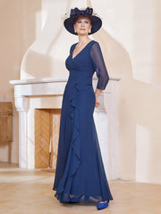 3/4-Length Sleeves V-neck Pleated Long Dress Dark Navy