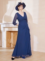 3/4-Length Sleeves V-neck Pleated Long Dress Dark Navy