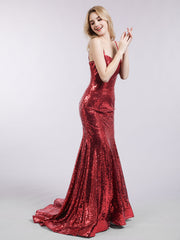 Spaghetti Strap Sequins Mermaid Dress-Burgundy