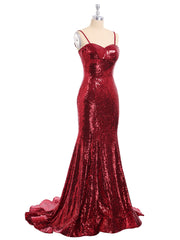 Spaghetti Strap Sequins Mermaid Dress-Burgundy