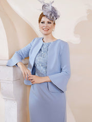 Scoop Lace Knee-length Dress With Jacket Dusty Blue