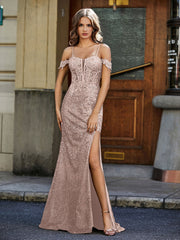 Bodycon Corset Bodice High Slit Gown Metallic Gold
