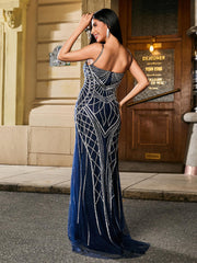 Sexy Spaghetti Straps Rhinestone Beaded Mermaid Maxi Dress Dark Navy
