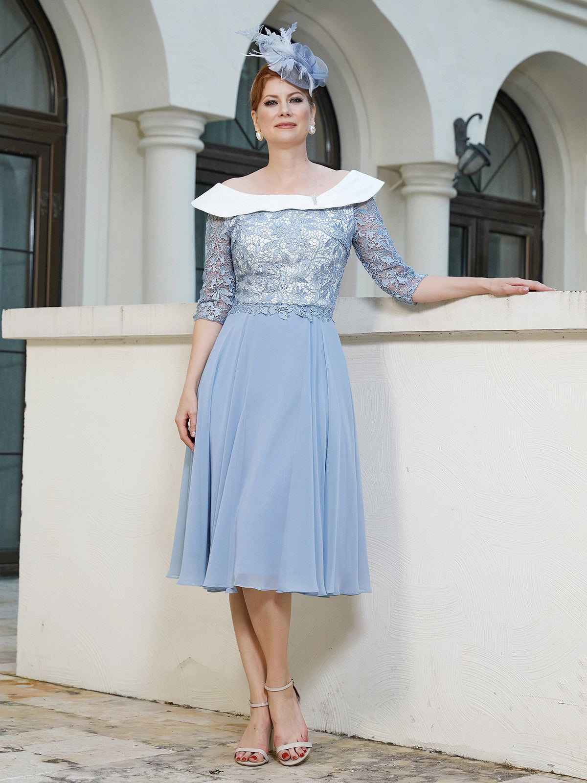 A-line Tea-length Chiffon Dress Dusty Blue