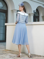 A-line Tea-length Chiffon Dress Dusty Blue