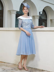 A-line Tea-length Chiffon Dress Dusty Blue