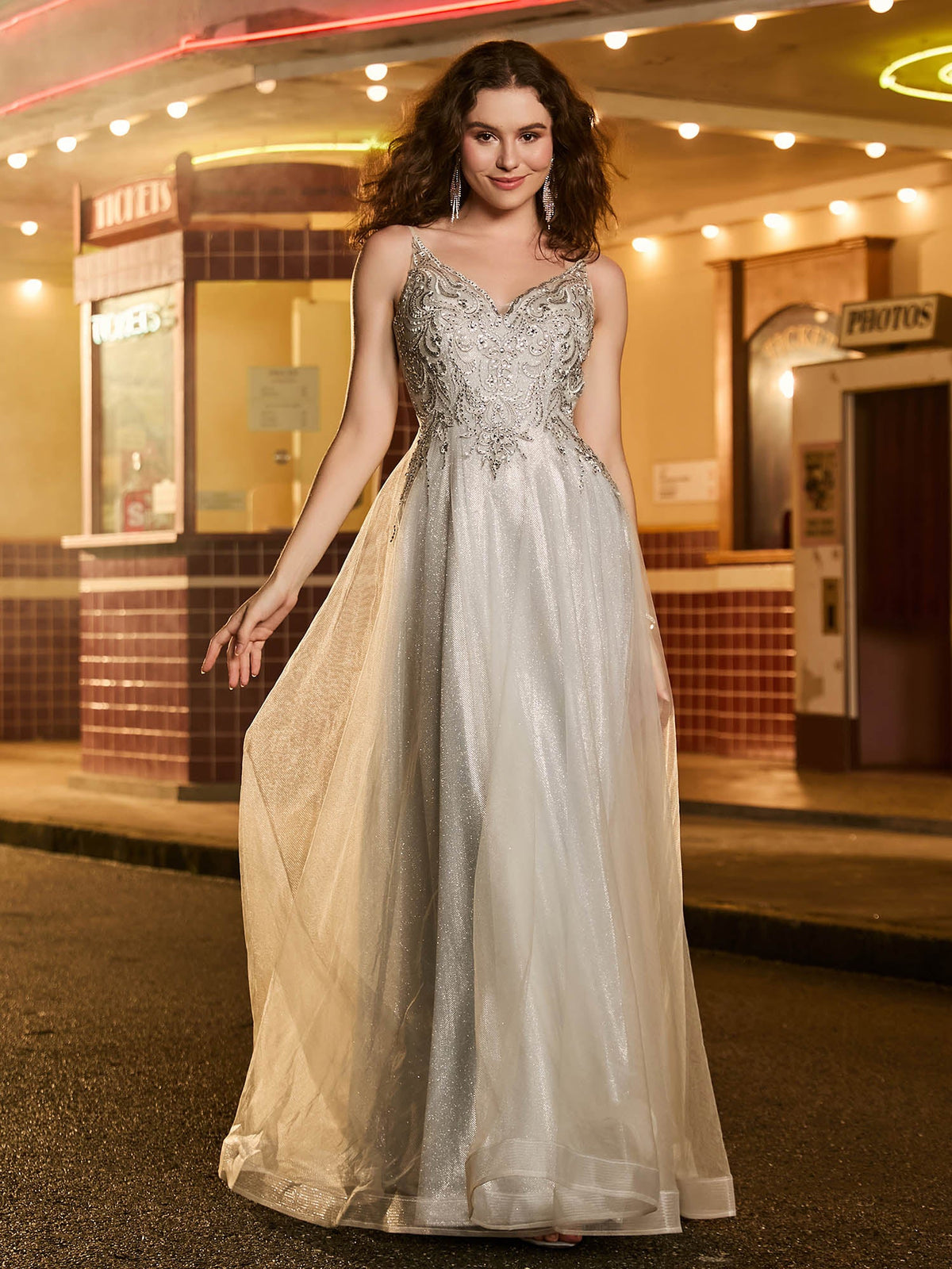A-line Tulle Glitter Prom Dress with Beaded Champagne