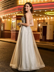 A-line Tulle Glitter Prom Dress with Beaded Champagne