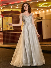 A-line Tulle Glitter Prom Dress with Beaded Champagne