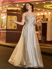 A-line Tulle Glitter Prom Dress with Beaded Champagne