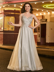 A-line Tulle Glitter Prom Dress with Beaded Champagne