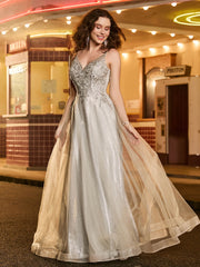 A-line Tulle Glitter Prom Dress with Beaded Champagne