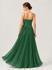 Pleated Chiffon Cami Gown with Surplice Ruched Bodice Dark Green