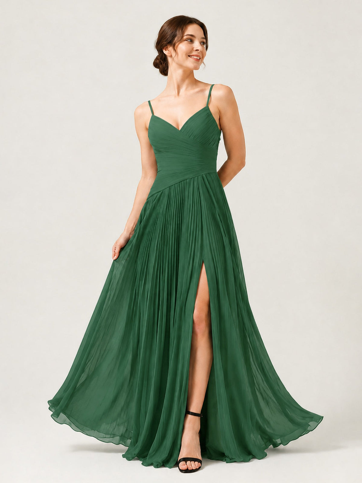 Pleated Chiffon Cami Gown with Surplice Ruched Bodice Dark Green