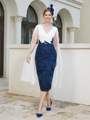 Appliqued Flutter Sleeves Sheath Dress Dark Navy