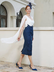 Appliqued Flutter Sleeves Sheath Dress Dark Navy