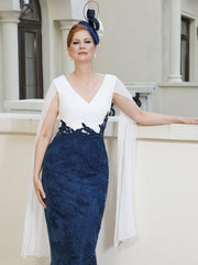 Appliqued Flutter Sleeves Sheath Dress Dark Navy