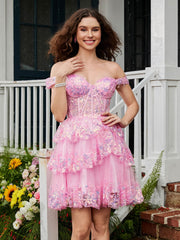 Sweetheart Sequins Tiered Tulle A-line Mini Dress Blushing Pink