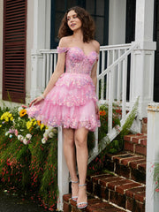 Sweetheart Sequins Tiered Tulle A-line Mini Dress Blushing Pink