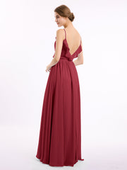 Spaghetti Strap Chiffon Bridesmaid Gowns with V-neck-Burgundy