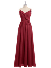 Spaghetti Strap Chiffon Bridesmaid Gowns with V-neck-Burgundy