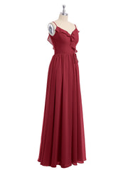 Spaghetti Strap Chiffon Bridesmaid Gowns with V-neck-Burgundy