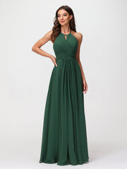 Halter Chiffon Long Dresses for Bridesmaids-Dark Green