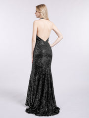 Halter Lower Back Sequins Mermaid Gown-Black