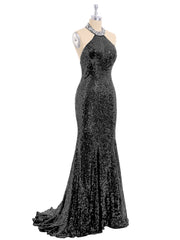 Halter Lower Back Sequins Mermaid Gown-Black