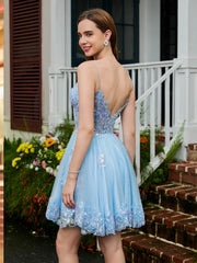 Sparkly Spaghetti Straps V-neck Tulle Short Prom Dress Sky Blue
