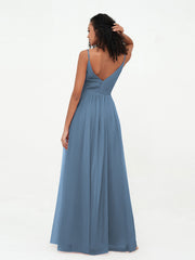 Spaghetti Straps Tulle Pleated Max Dresses-Slate Blue