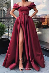 Maroon Satin Off The Shoulder Side Slit Wedding Guest Prom Dresses, CP0720