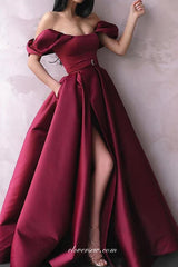 Maroon Satin Off The Shoulder Side Slit Wedding Guest Prom Dresses, CP0720