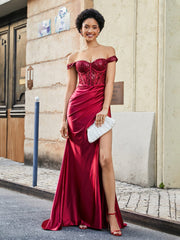 Off Shoulder Corset Bodice Satin Gown Burgundy