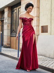 Off Shoulder Corset Bodice Satin Gown Burgundy