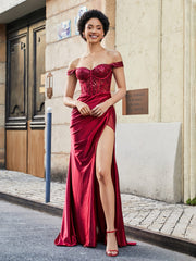 Off Shoulder Corset Bodice Satin Gown Burgundy