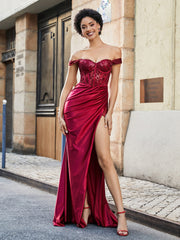 Off Shoulder Corset Bodice Satin Gown Burgundy