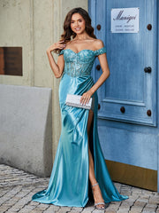 Off Shoulder Corset Bodice Satin Gown Teal