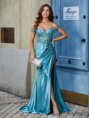 Off Shoulder Corset Bodice Satin Gown Teal