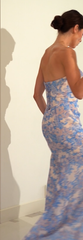 MARTA GOWN - BLUE - STRAPLESS FLORAL PRINTED SOFT SATIN CHIFFON DRESS
