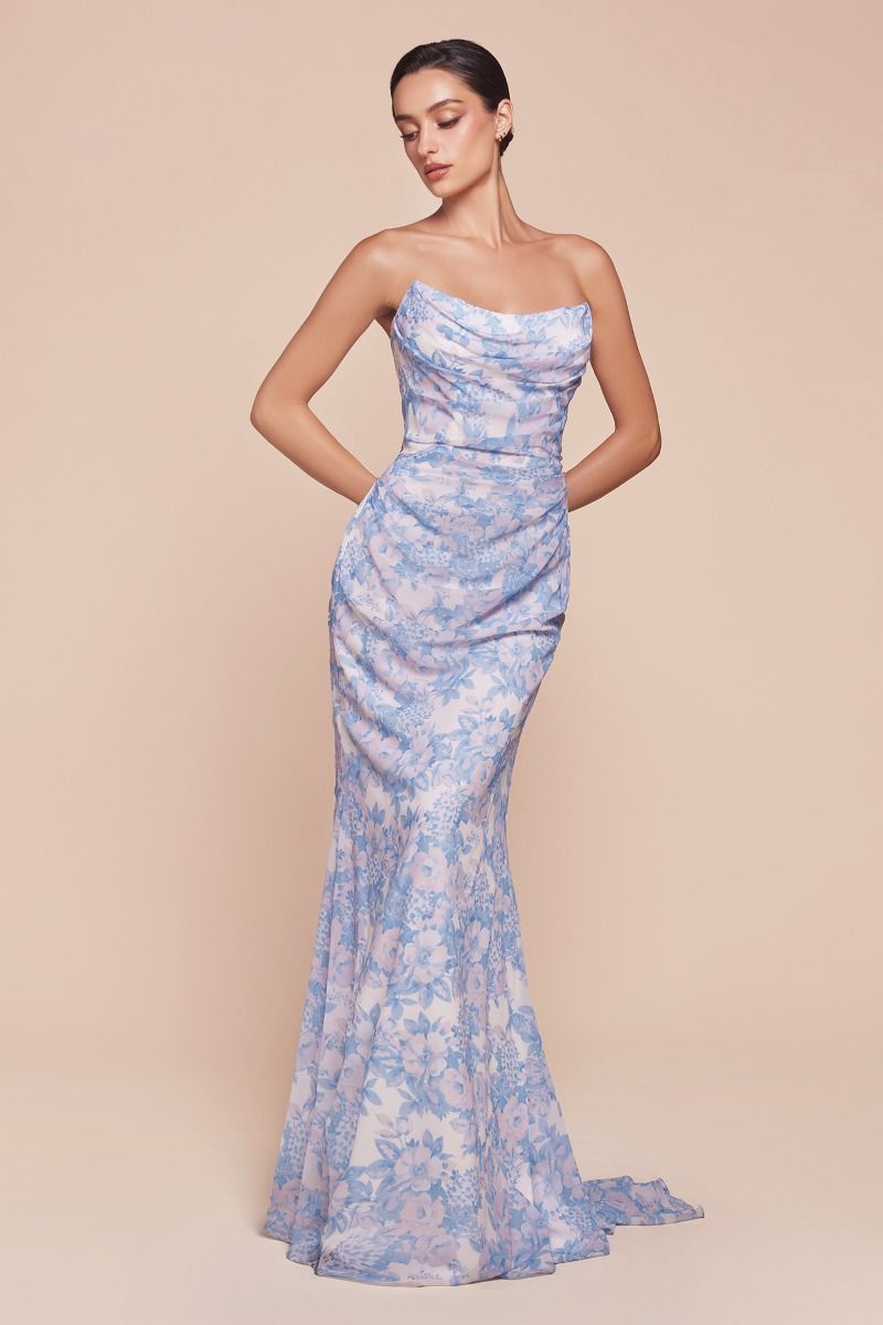 MARTA GOWN - BLUE - STRAPLESS FLORAL PRINTED SOFT SATIN CHIFFON DRESS