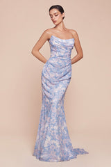 MARTA GOWN - BLUE - STRAPLESS FLORAL PRINTED SOFT SATIN CHIFFON DRESS