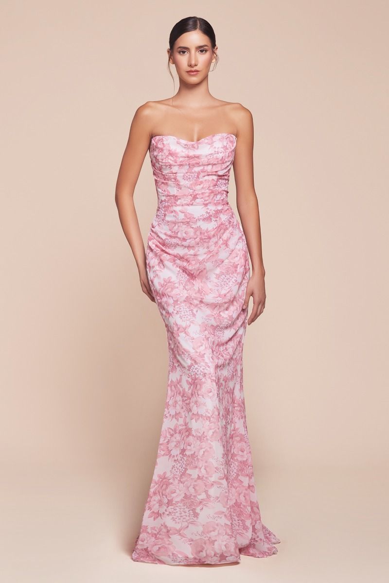 MARTA GOWN - ROSE - STRAPLESS FLORAL PRINTED SOFT SATIN CHIFFON DRESS