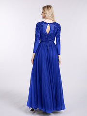 Tulle with Appliqued Long Sleeves Dress-Royal Blue