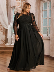 Tulle with Appliqued Long Sleeves Dress-Black Plus Size